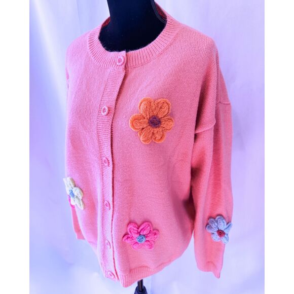Sweaters - Women's XL Pink Crochet Flower Cardigan Sweater